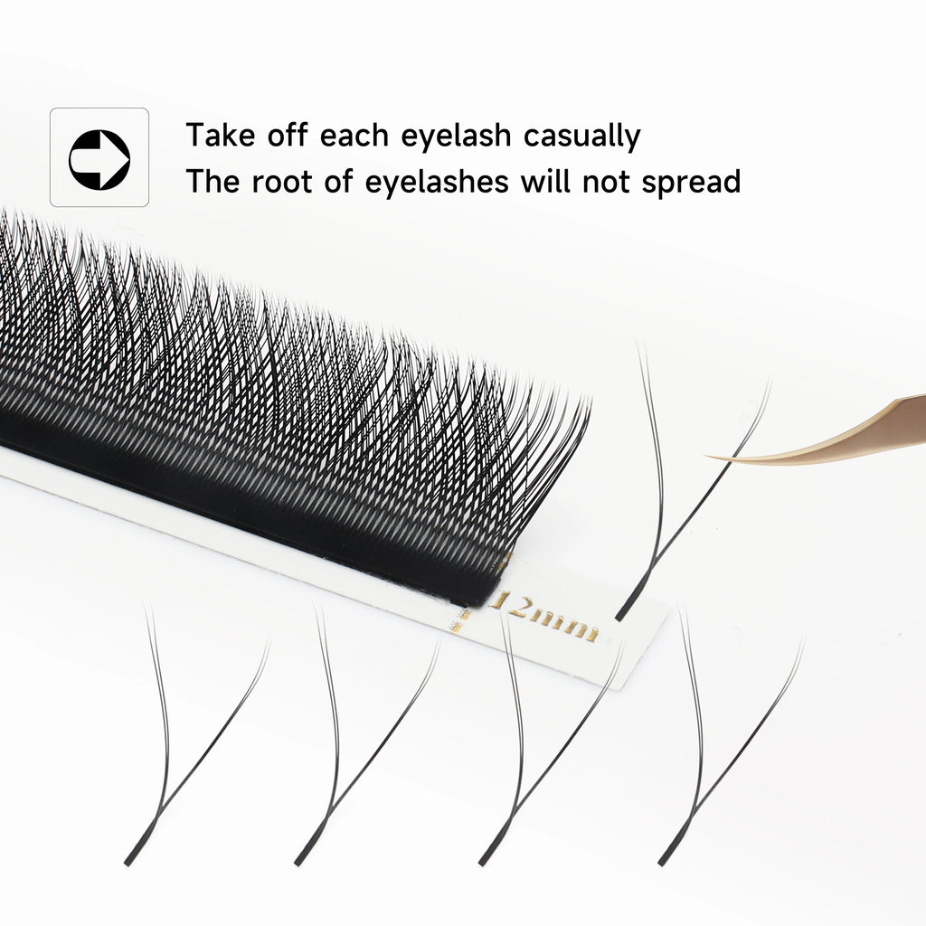 Premade W-shaped volume lash fans lifting cleanly off the 12mm strip